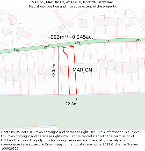 MARJON, MAIN ROAD, WRANGLE, BOSTON, PE22 9AG: Plot and title map