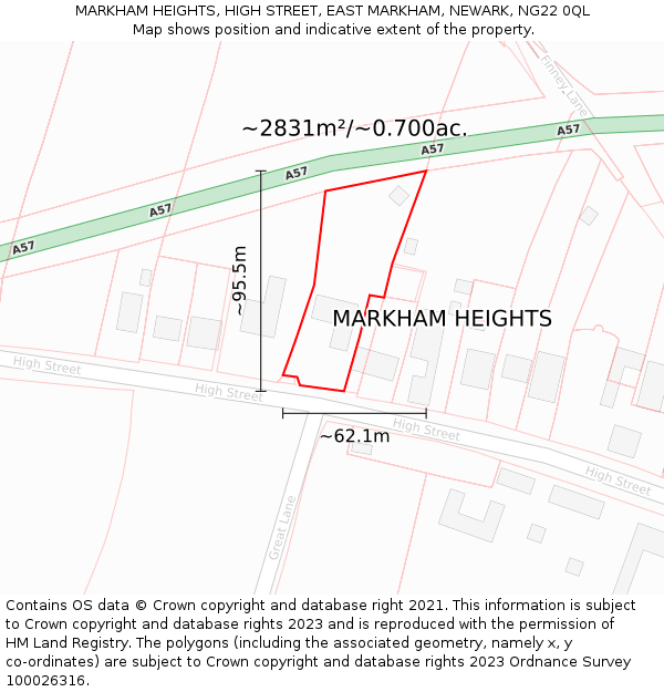 MARKHAM HEIGHTS, HIGH STREET, EAST MARKHAM, NEWARK, NG22 0QL: Plot and title map