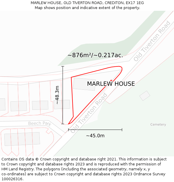 MARLEW HOUSE, OLD TIVERTON ROAD, CREDITON, EX17 1EG: Plot and title map