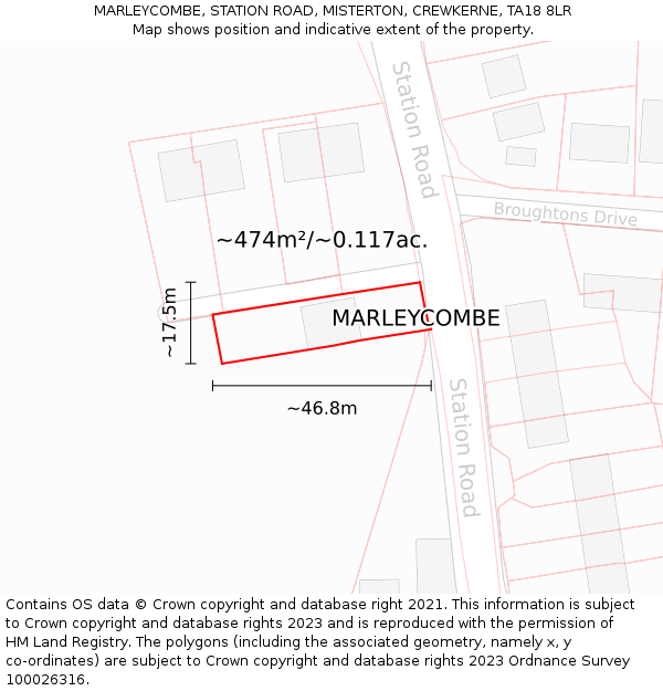 MARLEYCOMBE, STATION ROAD, MISTERTON, CREWKERNE, TA18 8LR: Plot and title map