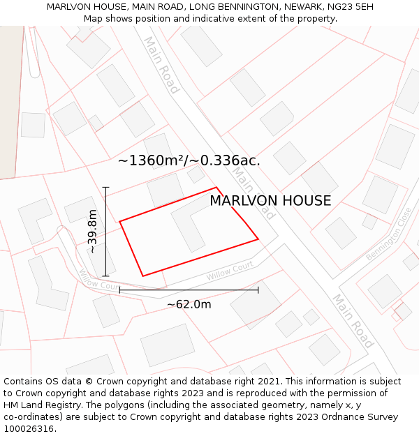 MARLVON HOUSE, MAIN ROAD, LONG BENNINGTON, NEWARK, NG23 5EH: Plot and title map