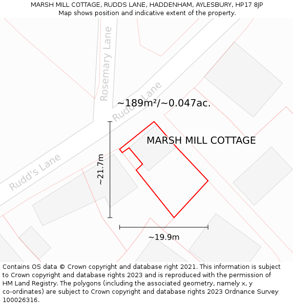 MARSH MILL COTTAGE, RUDDS LANE, HADDENHAM, AYLESBURY, HP17 8JP: Plot and title map