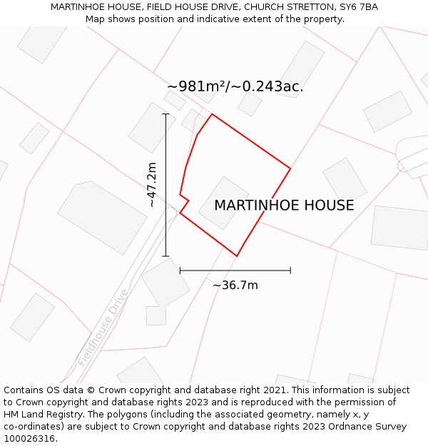 MARTINHOE HOUSE, FIELD HOUSE DRIVE, CHURCH STRETTON, SY6 7BA: Plot and title map