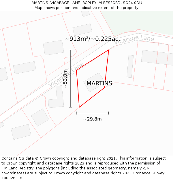 MARTINS, VICARAGE LANE, ROPLEY, ALRESFORD, SO24 0DU: Plot and title map