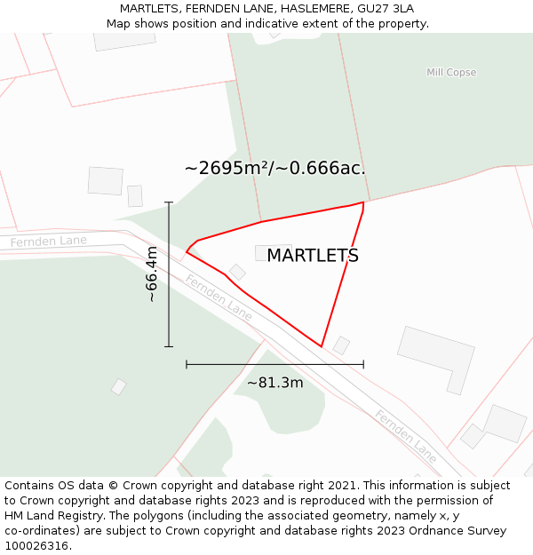 MARTLETS, FERNDEN LANE, HASLEMERE, GU27 3LA: Plot and title map