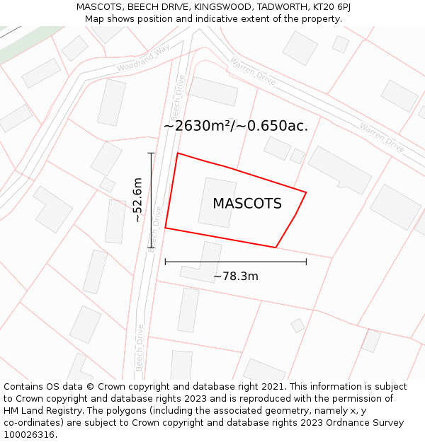 MASCOTS, BEECH DRIVE, KINGSWOOD, TADWORTH, KT20 6PJ: Plot and title map