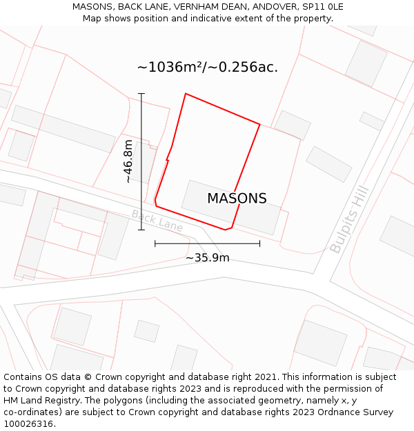 MASONS, BACK LANE, VERNHAM DEAN, ANDOVER, SP11 0LE: Plot and title map