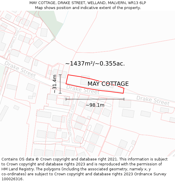 MAY COTTAGE, DRAKE STREET, WELLAND, MALVERN, WR13 6LP: Plot and title map