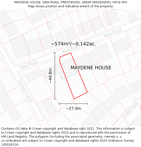 MAYDENE HOUSE, NEW ROAD, PRESTWOOD, GREAT MISSENDEN, HP16 0PX: Plot and title map