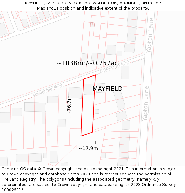 MAYFIELD, AVISFORD PARK ROAD, WALBERTON, ARUNDEL, BN18 0AP: Plot and title map