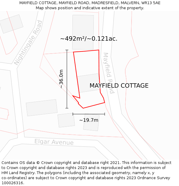 MAYFIELD COTTAGE, MAYFIELD ROAD, MADRESFIELD, MALVERN, WR13 5AE: Plot and title map