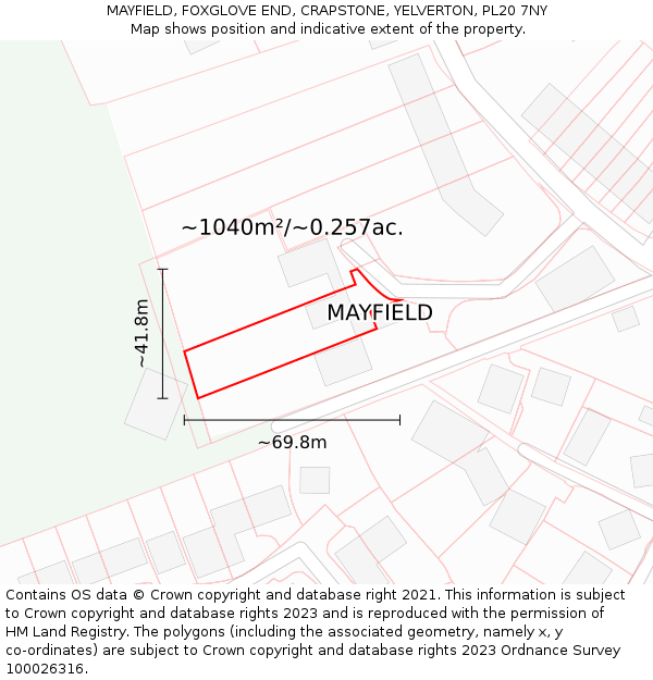 MAYFIELD, FOXGLOVE END, CRAPSTONE, YELVERTON, PL20 7NY: Plot and title map