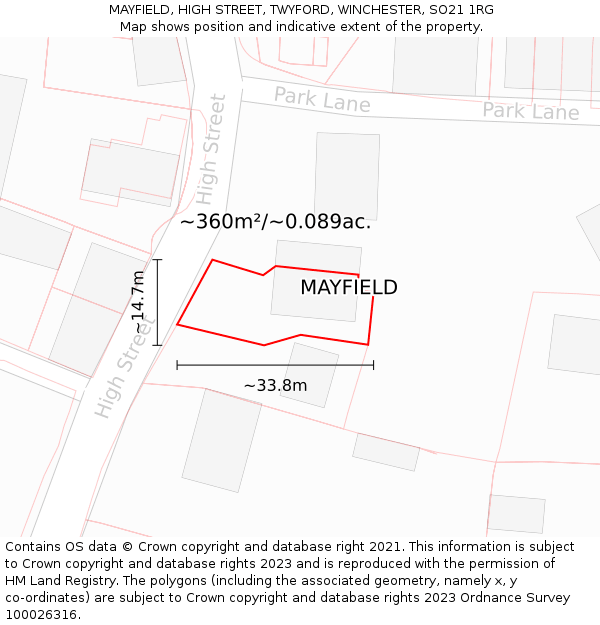 MAYFIELD, HIGH STREET, TWYFORD, WINCHESTER, SO21 1RG: Plot and title map