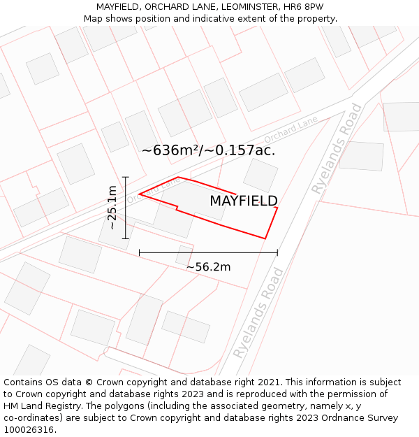 MAYFIELD, ORCHARD LANE, LEOMINSTER, HR6 8PW: Plot and title map