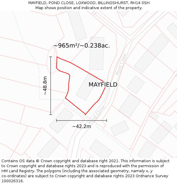 MAYFIELD, POND CLOSE, LOXWOOD, BILLINGSHURST, RH14 0SH: Plot and title map