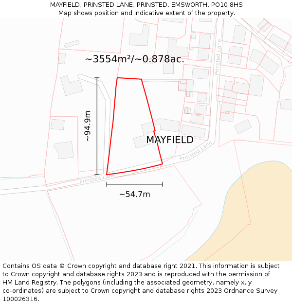 MAYFIELD, PRINSTED LANE, PRINSTED, EMSWORTH, PO10 8HS: Plot and title map