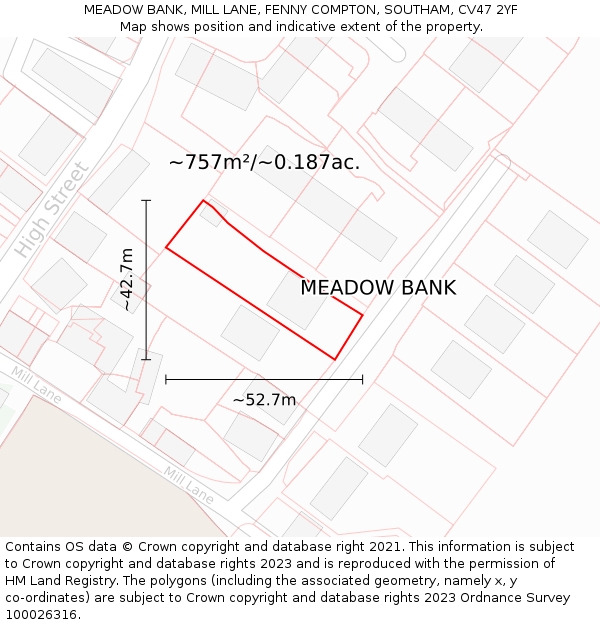 MEADOW BANK, MILL LANE, FENNY COMPTON, SOUTHAM, CV47 2YF: Plot and title map