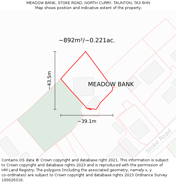 MEADOW BANK, STOKE ROAD, NORTH CURRY, TAUNTON, TA3 6HN: Plot and title map