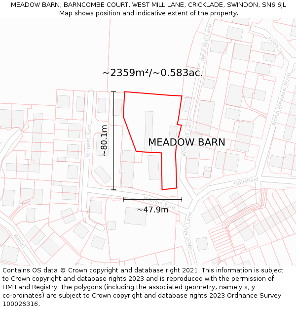 MEADOW BARN, BARNCOMBE COURT, WEST MILL LANE, CRICKLADE, SWINDON, SN6 6JL: Plot and title map