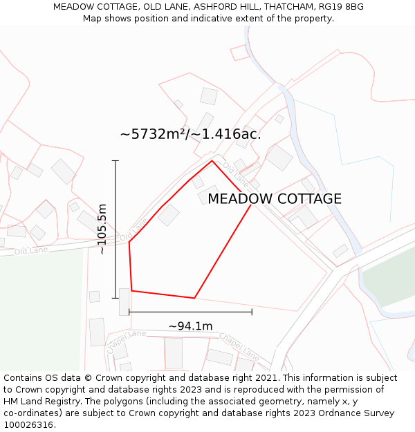 MEADOW COTTAGE, OLD LANE, ASHFORD HILL, THATCHAM, RG19 8BG: Plot and title map