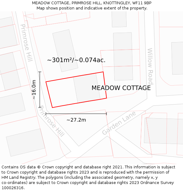 MEADOW COTTAGE, PRIMROSE HILL, KNOTTINGLEY, WF11 9BP: Plot and title map