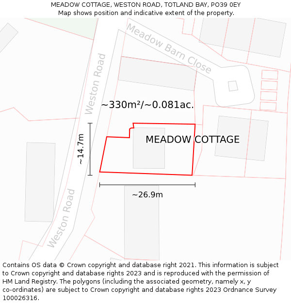 MEADOW COTTAGE, WESTON ROAD, TOTLAND BAY, PO39 0EY: Plot and title map