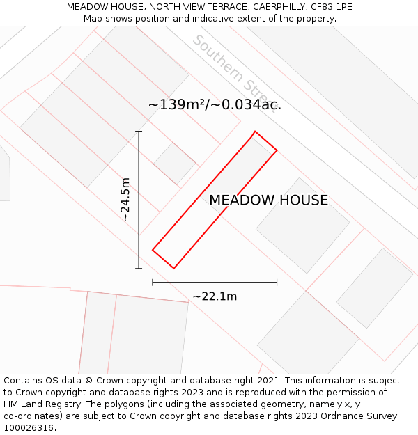 MEADOW HOUSE, NORTH VIEW TERRACE, CAERPHILLY, CF83 1PE: Plot and title map