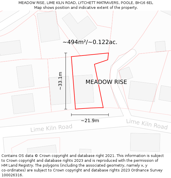 MEADOW RISE, LIME KILN ROAD, LYTCHETT MATRAVERS, POOLE, BH16 6EL: Plot and title map