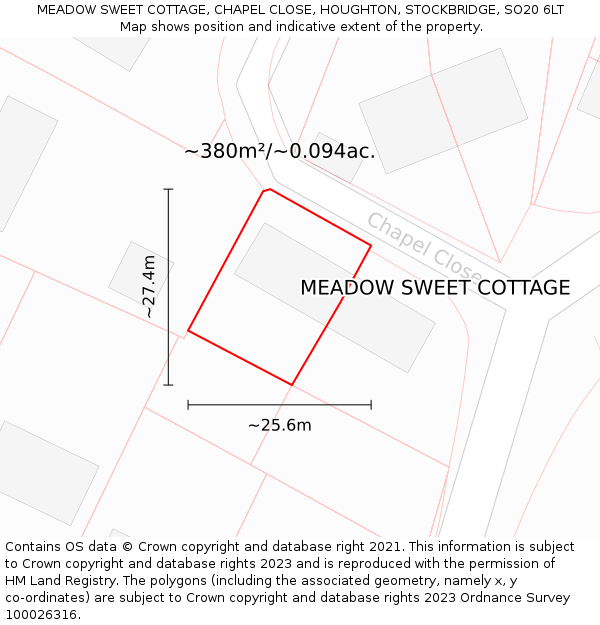 MEADOW SWEET COTTAGE, CHAPEL CLOSE, HOUGHTON, STOCKBRIDGE, SO20 6LT: Plot and title map