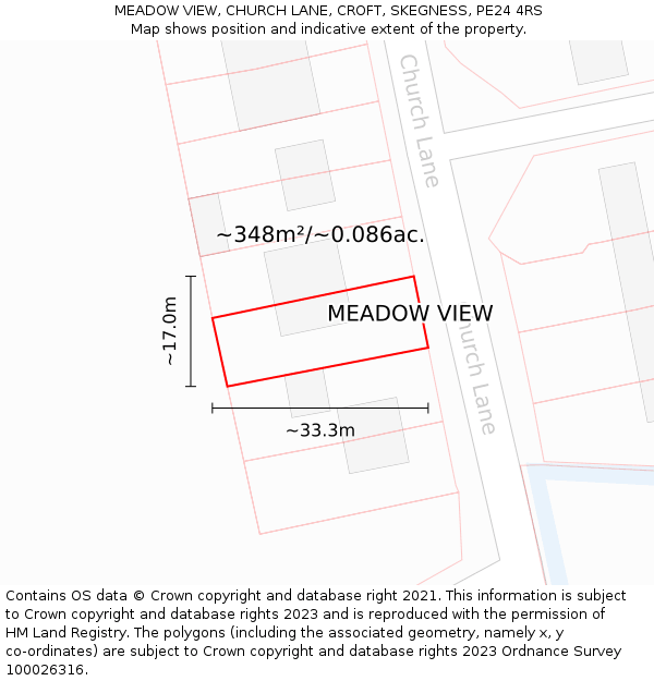 MEADOW VIEW, CHURCH LANE, CROFT, SKEGNESS, PE24 4RS: Plot and title map