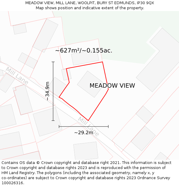 MEADOW VIEW, MILL LANE, WOOLPIT, BURY ST EDMUNDS, IP30 9QX: Plot and title map