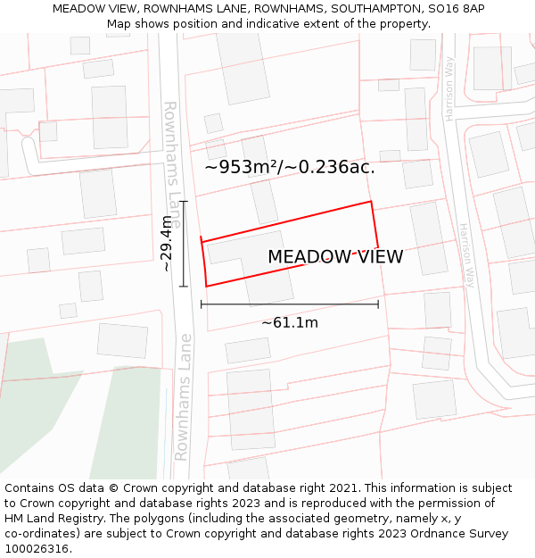 MEADOW VIEW, ROWNHAMS LANE, ROWNHAMS, SOUTHAMPTON, SO16 8AP: Plot and title map