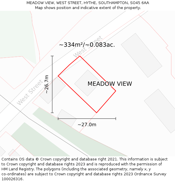 MEADOW VIEW, WEST STREET, HYTHE, SOUTHAMPTON, SO45 6AA: Plot and title map