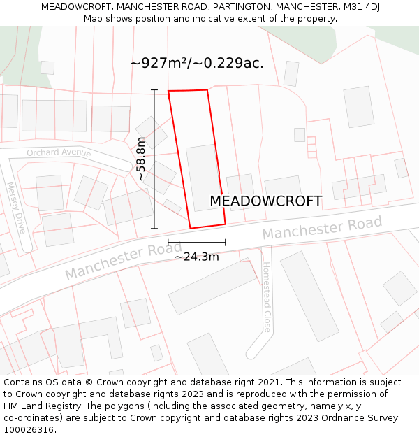 MEADOWCROFT, MANCHESTER ROAD, PARTINGTON, MANCHESTER, M31 4DJ: Plot and title map