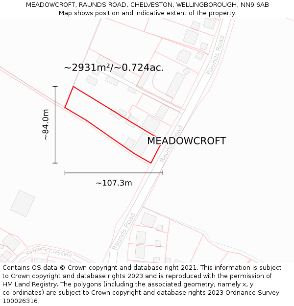 MEADOWCROFT, RAUNDS ROAD, CHELVESTON, WELLINGBOROUGH, NN9 6AB: Plot and title map