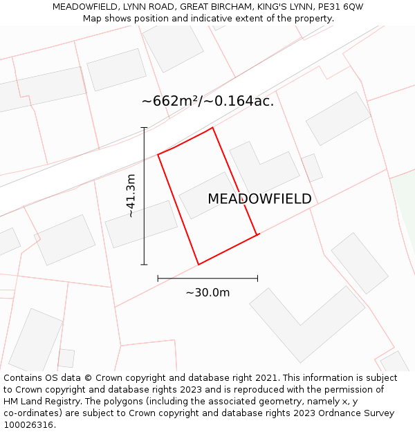 MEADOWFIELD, LYNN ROAD, GREAT BIRCHAM, KING'S LYNN, PE31 6QW: Plot and title map