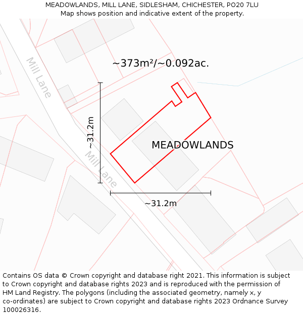 MEADOWLANDS, MILL LANE, SIDLESHAM, CHICHESTER, PO20 7LU: Plot and title map