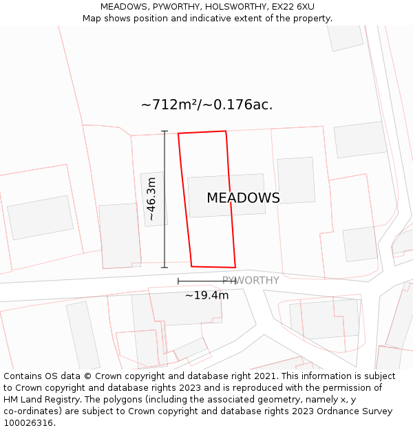 MEADOWS, PYWORTHY, HOLSWORTHY, EX22 6XU: Plot and title map