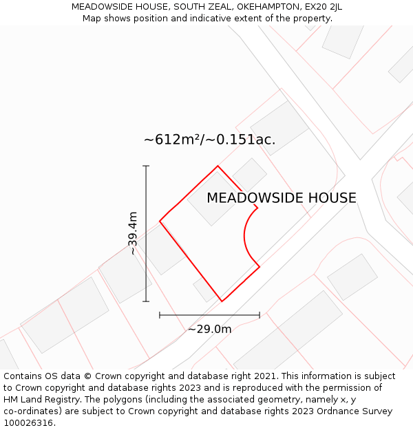 MEADOWSIDE HOUSE, SOUTH ZEAL, OKEHAMPTON, EX20 2JL: Plot and title map