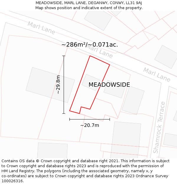 MEADOWSIDE, MARL LANE, DEGANWY, CONWY, LL31 9AJ: Plot and title map