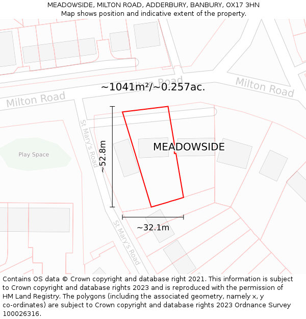 MEADOWSIDE, MILTON ROAD, ADDERBURY, BANBURY, OX17 3HN: Plot and title map