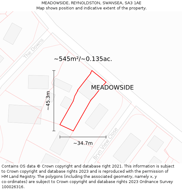 MEADOWSIDE, REYNOLDSTON, SWANSEA, SA3 1AE: Plot and title map