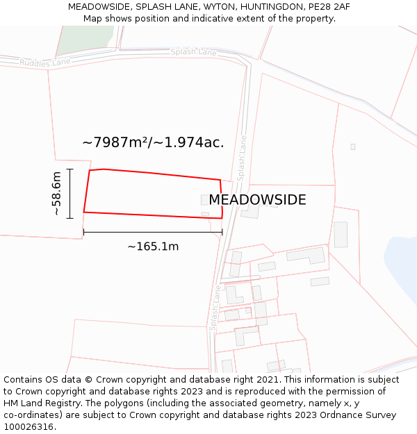 MEADOWSIDE, SPLASH LANE, WYTON, HUNTINGDON, PE28 2AF: Plot and title map