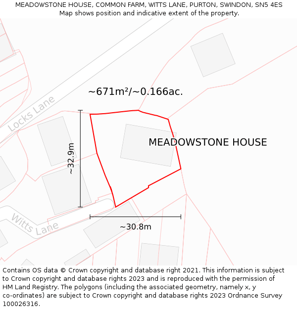 MEADOWSTONE HOUSE, COMMON FARM, WITTS LANE, PURTON, SWINDON, SN5 4ES: Plot and title map