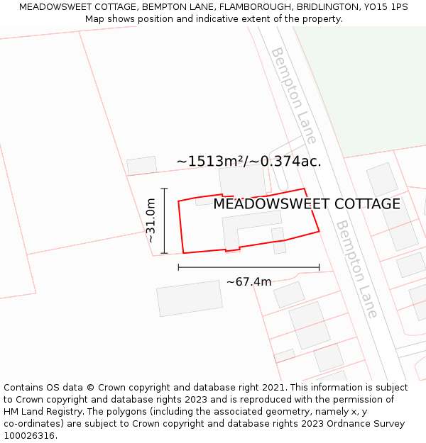 MEADOWSWEET COTTAGE, BEMPTON LANE, FLAMBOROUGH, BRIDLINGTON, YO15 1PS: Plot and title map