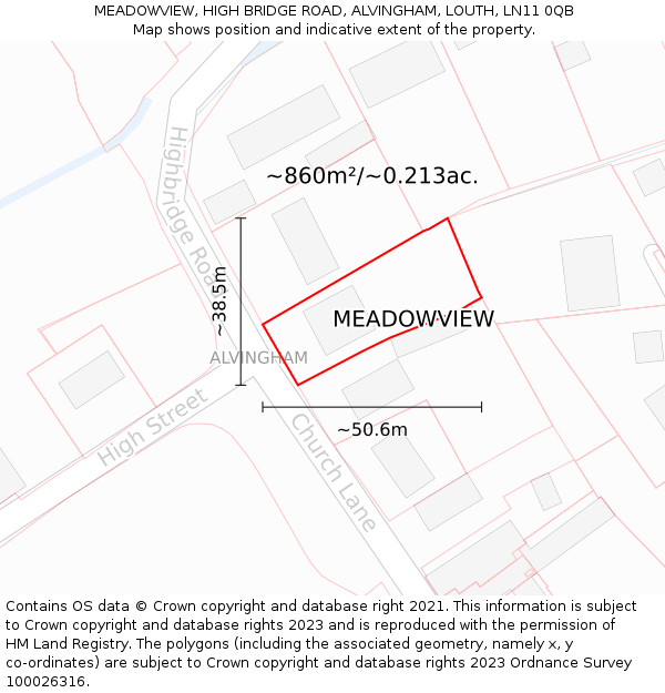 MEADOWVIEW, HIGH BRIDGE ROAD, ALVINGHAM, LOUTH, LN11 0QB: Plot and title map