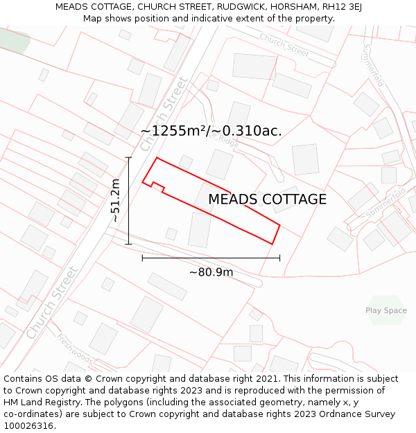 MEADS COTTAGE, CHURCH STREET, RUDGWICK, HORSHAM, RH12 3EJ: Plot and title map