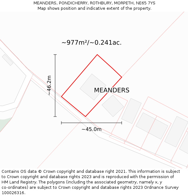 MEANDERS, PONDICHERRY, ROTHBURY, MORPETH, NE65 7YS: Plot and title map