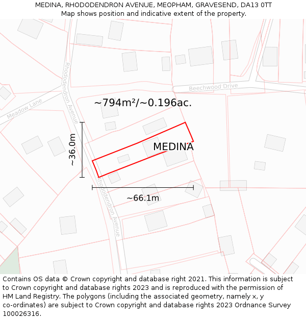 MEDINA, RHODODENDRON AVENUE, MEOPHAM, GRAVESEND, DA13 0TT: Plot and title map