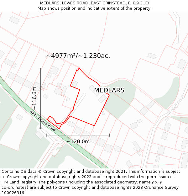 MEDLARS, LEWES ROAD, EAST GRINSTEAD, RH19 3UD: Plot and title map